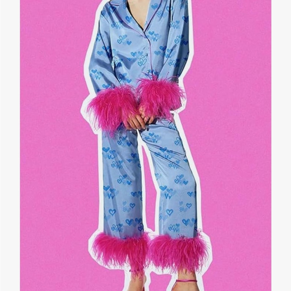 Blue Pajama Set with Pink Feather Trim - Halloween